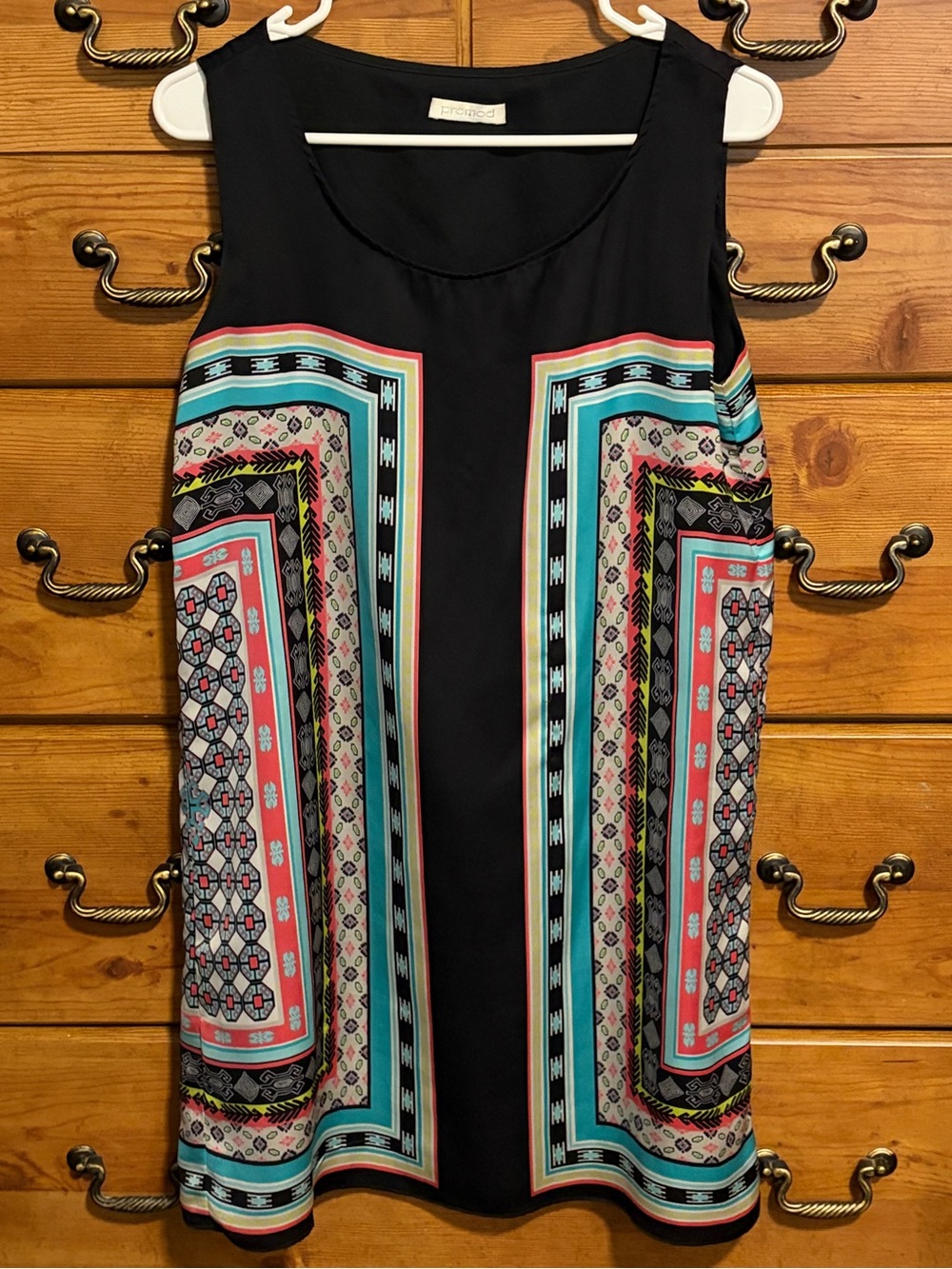 Promod Black Mini Dress with Coral and Teal Print Panels